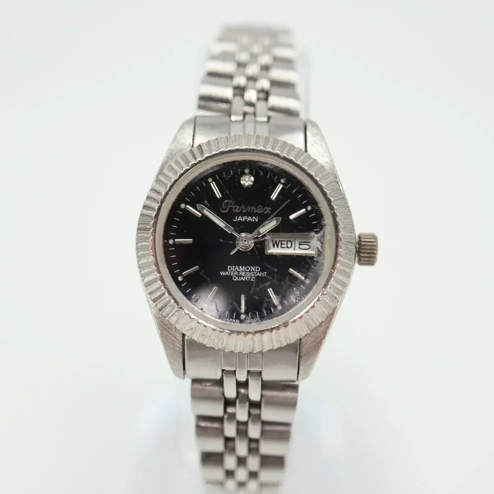 Parmex Women Watch 26mm Day Date Silver Tone Vintage Presidential w New Battery